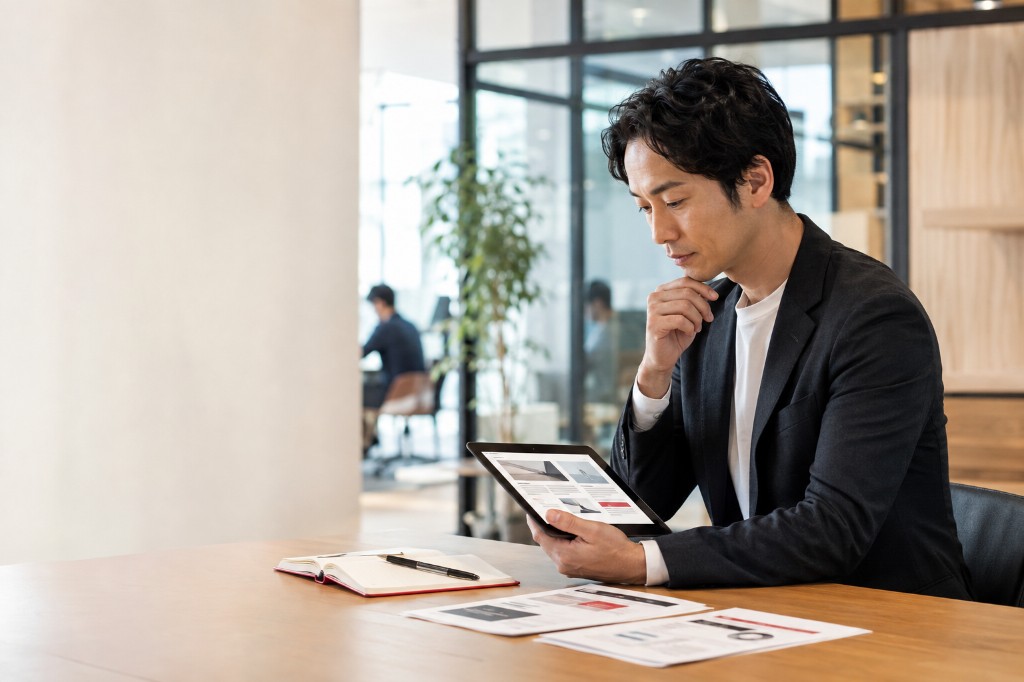 タブレットでお知らせを確認するビジネスパーソン