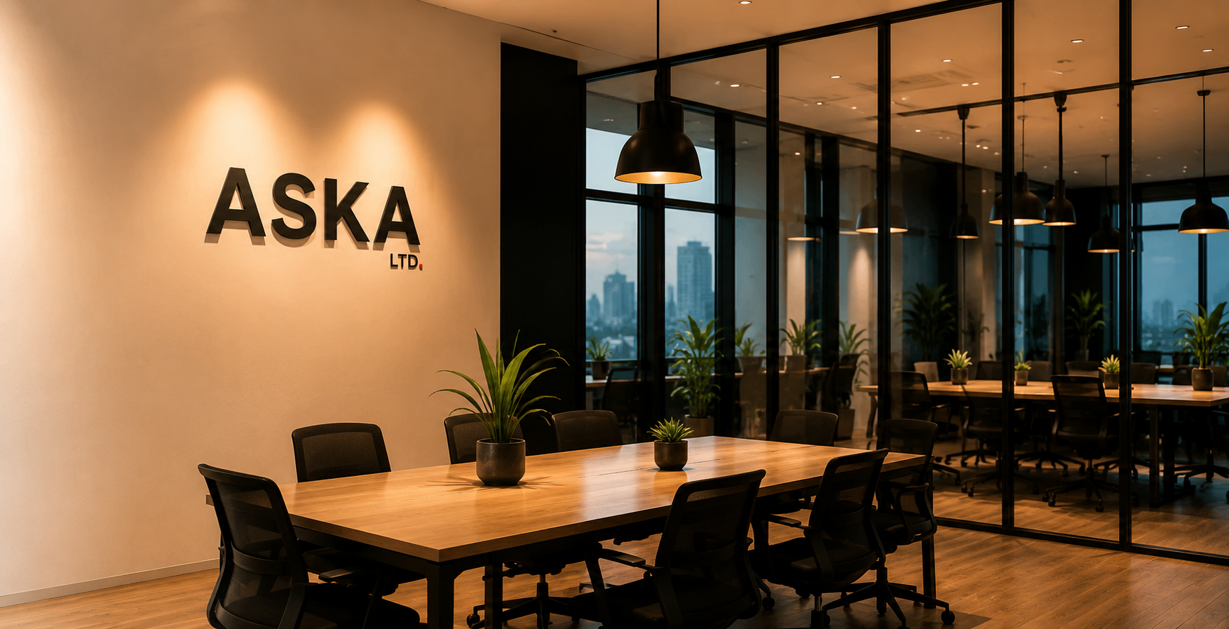 ASKAオフィスの会議室(壁面にASKA LTD.ロゴ)